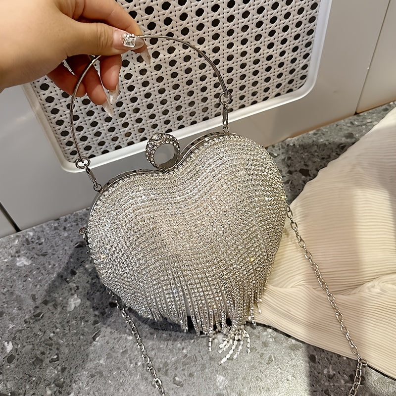 Elegant Heart-Shaped Rhinestone Evening Clutch with Tassel, Lightweight Acrylic Party Handbag with Removable Strap, Buckle Closure, Rayon Lined, No Pattern Design for Valentine'S Day