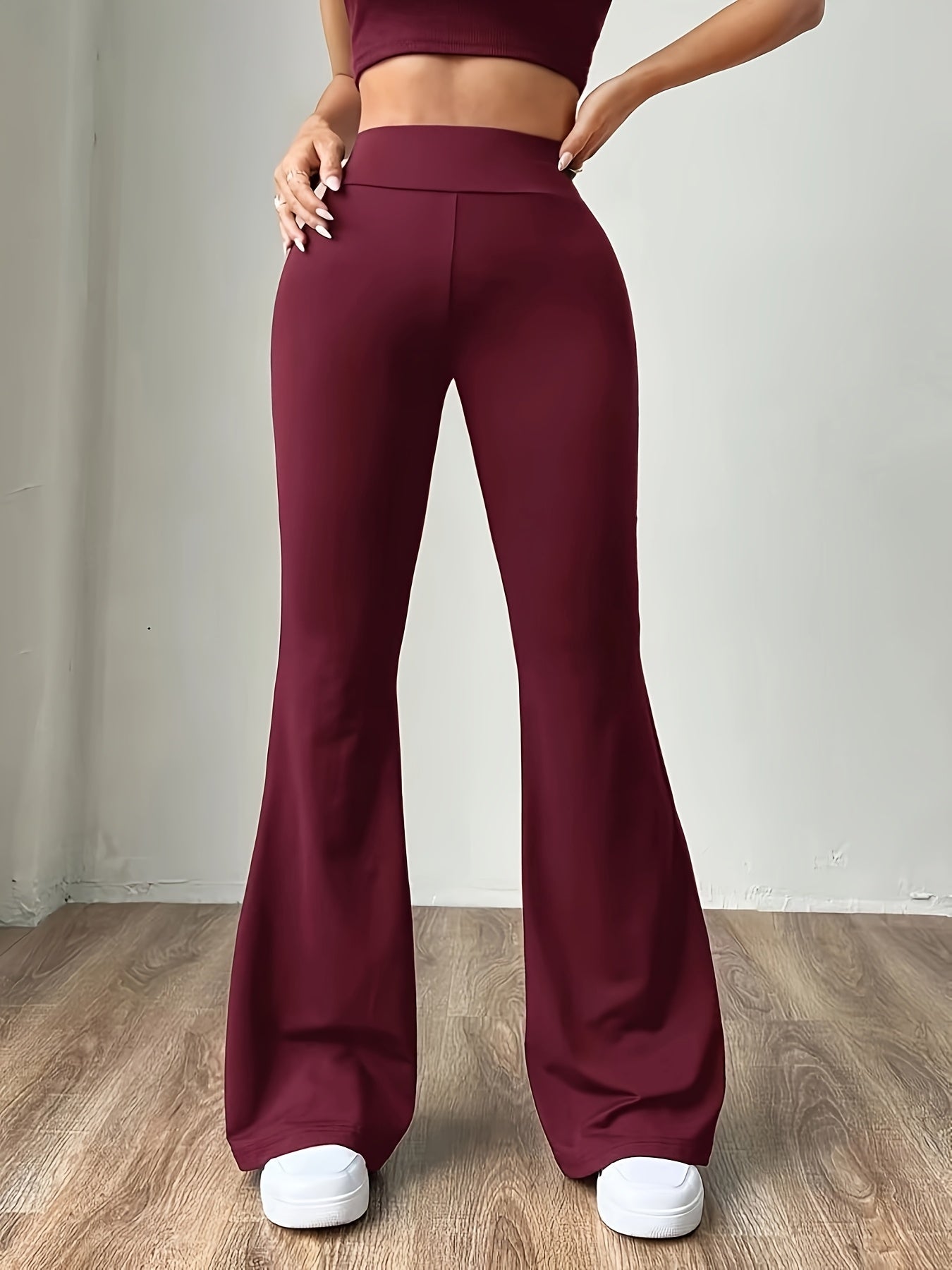 Women's High-Waisted Flare Pants | Burgundy Polyester-Spandex Blend | Stretchy, Non-Transparent | Machine Washable & Dry Clean Safe | Casual Style for All Seasons | Comfort Fit with Elastic Waistband, High Waisted Leggings