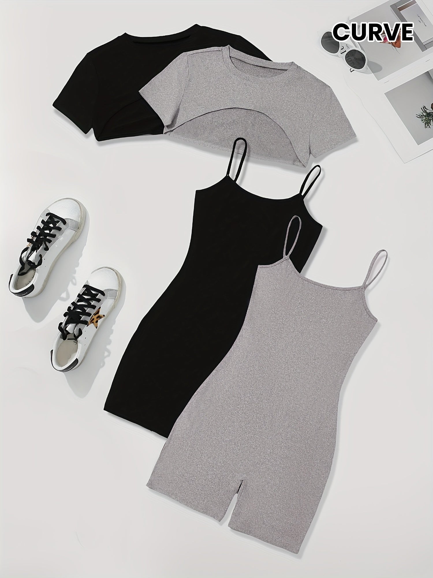 2-Pack Casual Shorts Set - Crew Neck Crop Top, Simple Cami Romper Jumpsuit - Soft Mid-Elasticity Polyester, Machine Washable, Solid Color, Knit Fabric, Perfect for Summer, Womens Clothing
