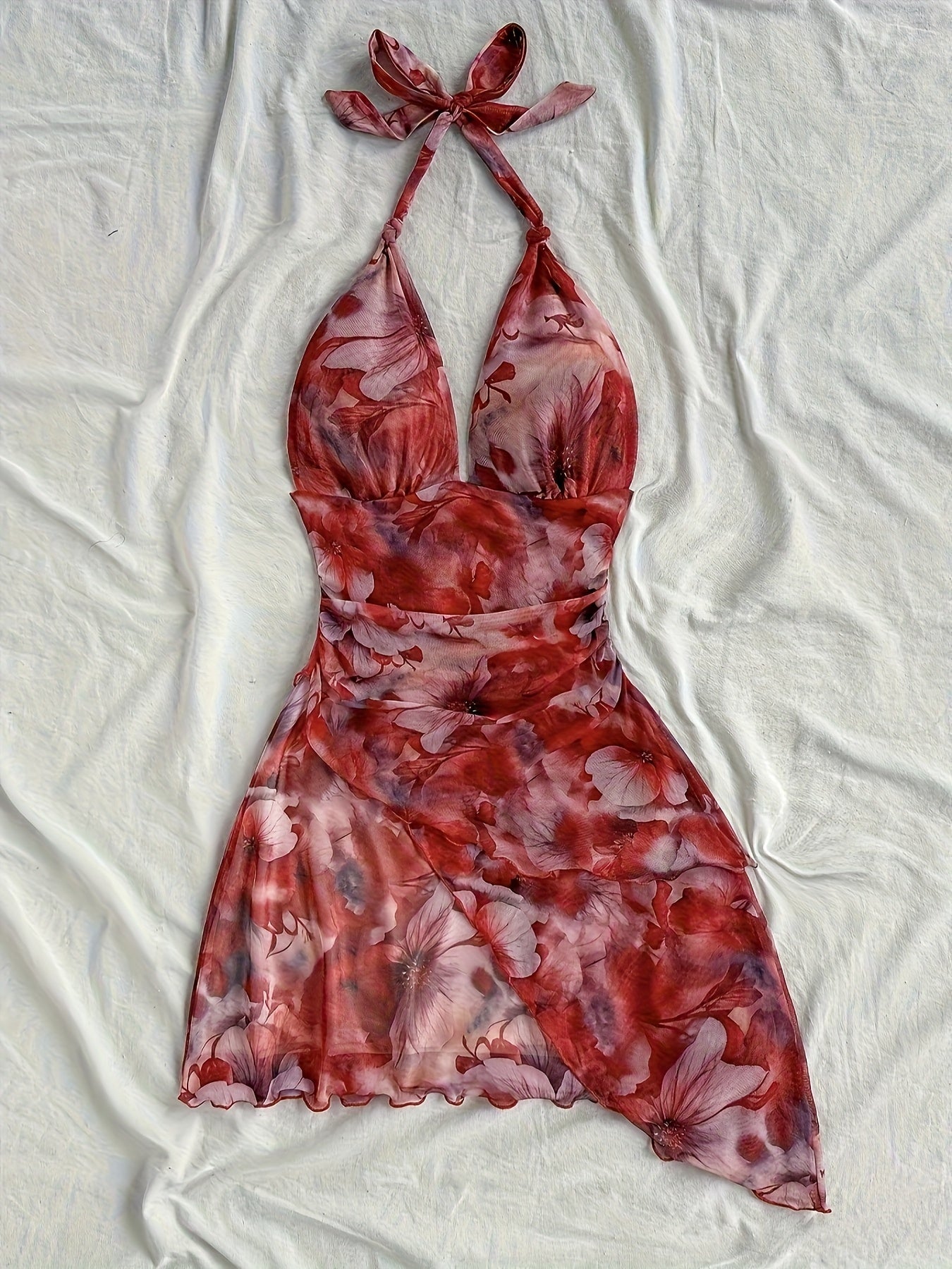 Women's Floral Print V-Neck Halter Sleeveless Dress - Lightweight Semi-Sheer Summer Dress with Ruched Waist & Ruffled Hem, Machine Washable for Beach, Casual, or Evening Outfits, Beach Wear | Flowy Fabric, Beach Dress