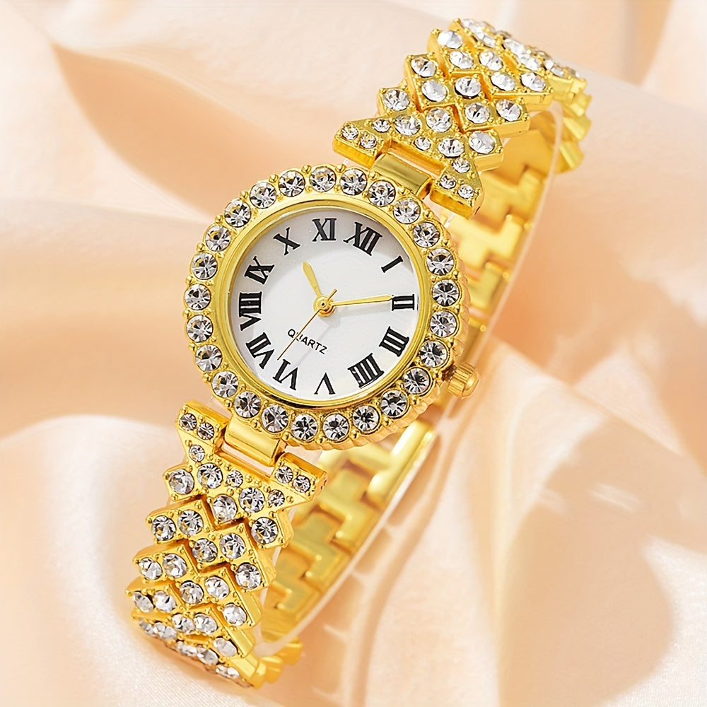 6pcs/set Women's Luxury Rhinestone Quartz Watch Shiny Golden Fashion Analog Wrist Watch & Jewelry Set, Gift For Mom Her