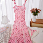 Printed polyester stretch pyjama set in high-slit pink color, pleated detailing, knitted fabric and unpadded bodice - Valentine's Day gift