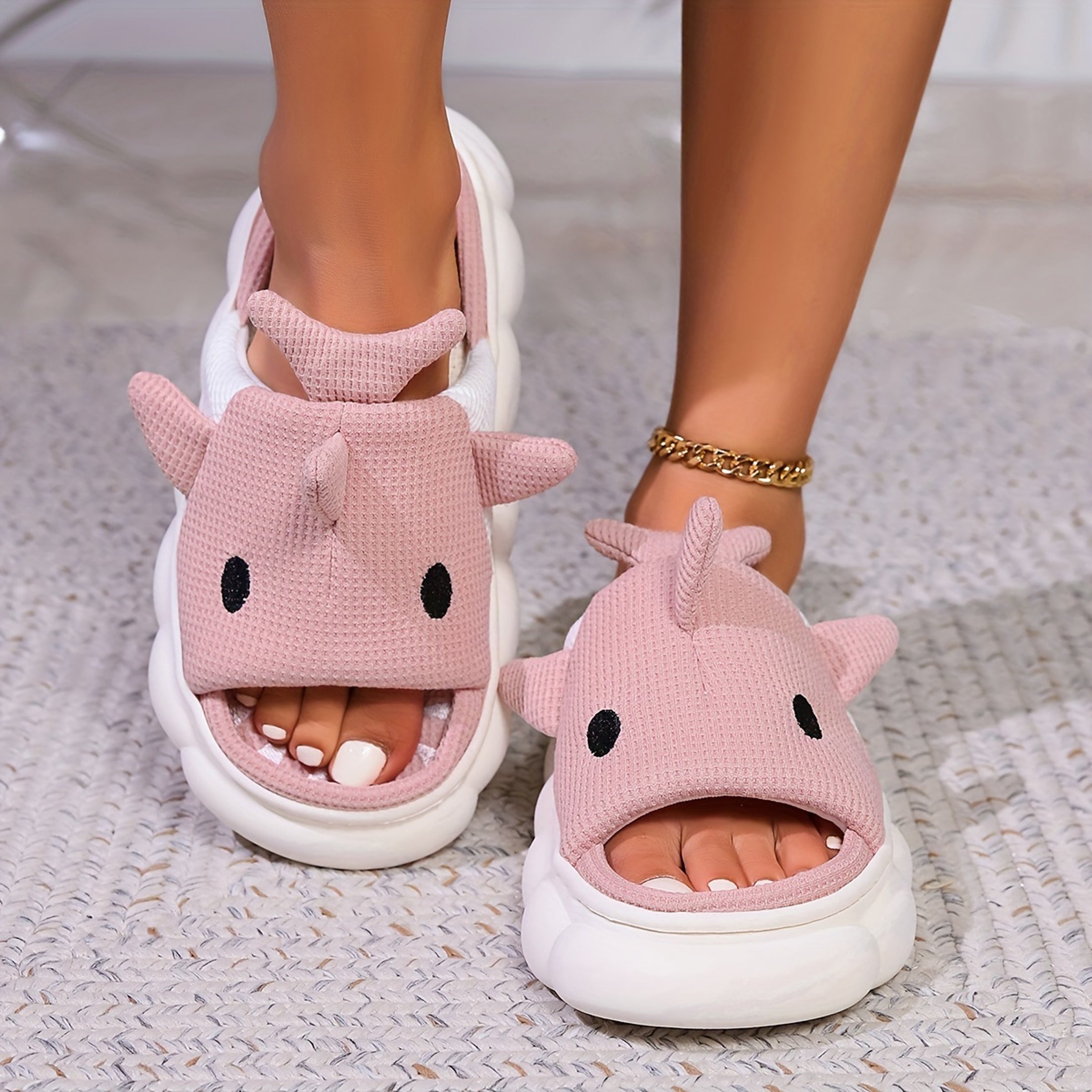 Women's Cartoon Shark Graphic Design Home Slippers With Linen Uppers, Lightweight Slip On Indoor Shoes, Spring Summer And Autumn