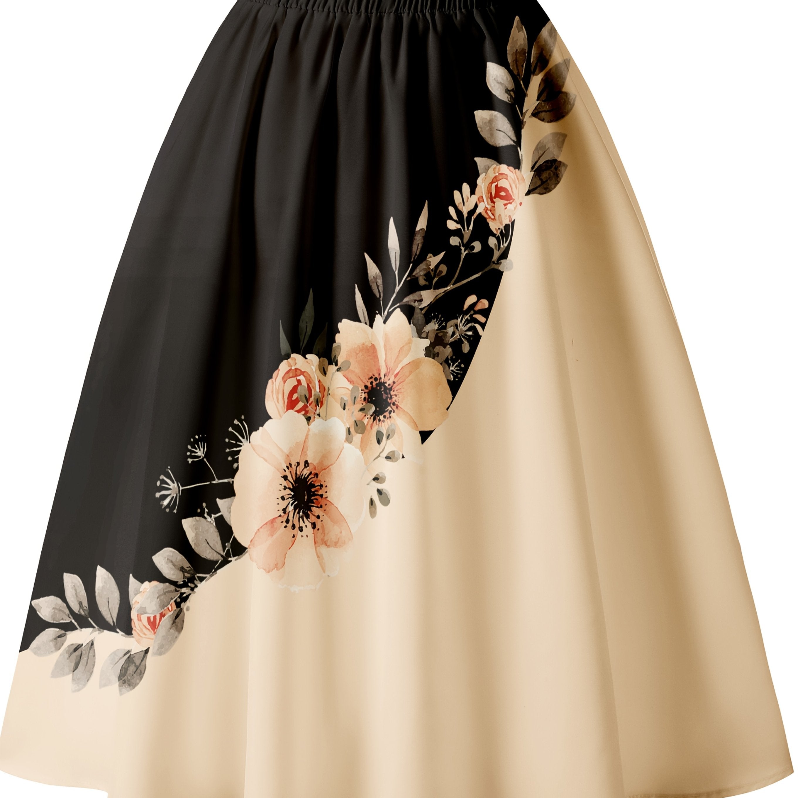 Print Midi Skirt with Elastic Waistband - Black & Beige Floral Pattern, Machine Washable, All-Season Versatile Women's Skirt for Casual & Formal Outfits, Casual Wear Skirt | Floral Print Midi Skirt | Structured Pleats