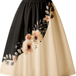 Print Midi Skirt with Elastic Waistband - Black & Beige Floral Pattern, Machine Washable, All-Season Versatile Women's Skirt for Casual & Formal Outfits, Casual Wear Skirt | Floral Print Midi Skirt | Structured Pleats