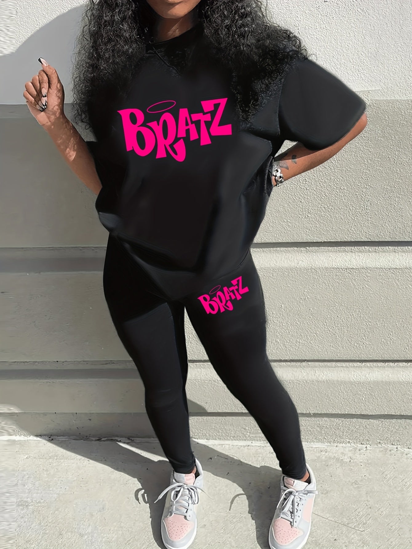 Bratz Letter Print Two-piece Set, Casual Short Sleeve Loose T-shirt & Skinny Pants Outfits, Women's Clothing