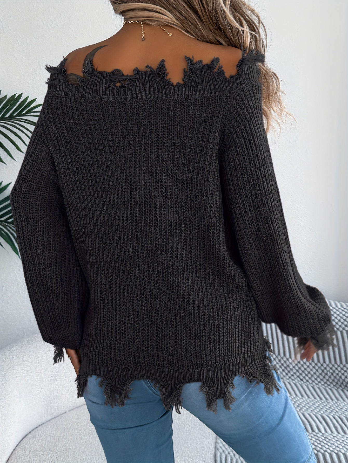 Raw Trim Off-shoulder Ripped Sweater - Stylish Long Sleeve Sweater For Spring & Fall - Women's Clothing -  Soft & Cozy Fabric - Perfect Gift for Fashionable Women
