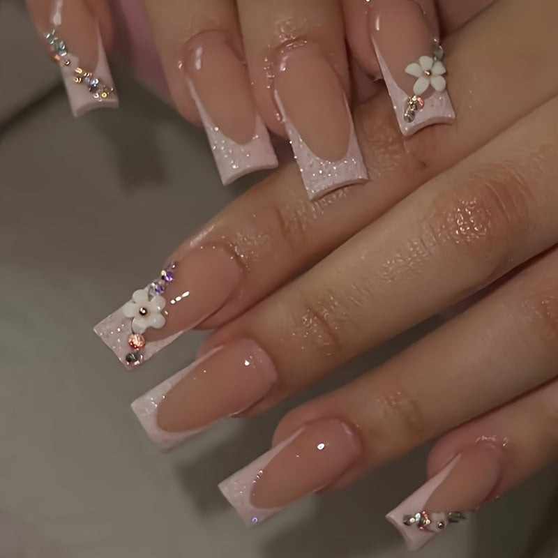 226pcs 168pcs Glossy Long Square Fake Nails (7 pack)  + 58pcs Rings Set White French Tip Press On NailsWith Embossed Flower Rhinestone Design, sweet Cool Full Cover FalseNails For Women Girls