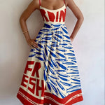 Elegant Summer Women'S Red Letter Print Contrast Color Cami Maxi Dress with Petticoat and Side Slit - Sleeveless, Alphabet Pattern, Perfect for Casual Attire, Summer Dress