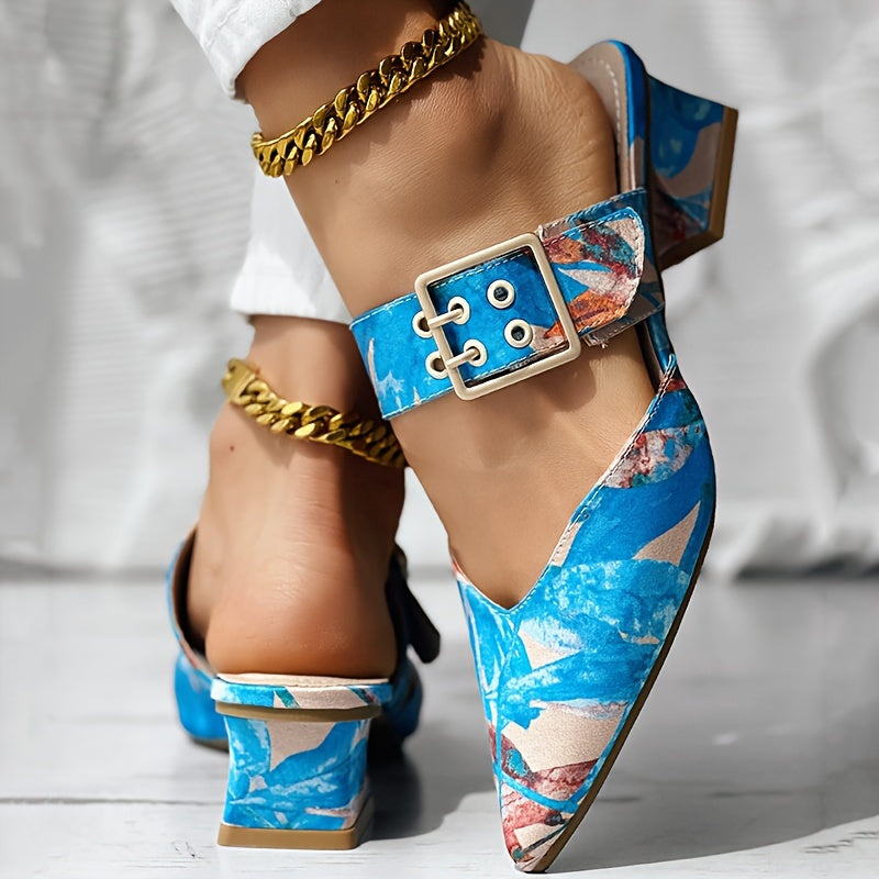 Chic Guangdong-Inspired Women's Sandals with Unique Print, Slip-On Pointed Toe Mid-Heel Shoes - Faux Cover & PVC Sole