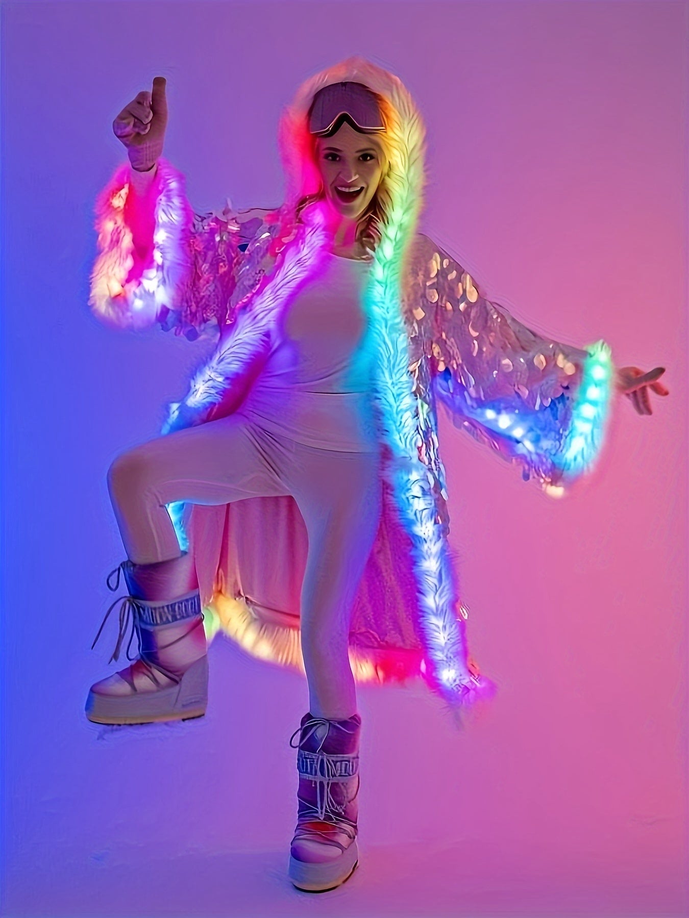 Women's LED Sequin Faux Fur Coat - Long Hooded Festival & Cosplay Outfit, USB-Powered, Flare Sleeves, Mermaid Tail Design, Vibrant Pink to Blue Gradient (Batteries Not Included), Cosplay Costume | Sequin Embellished | LED Lit