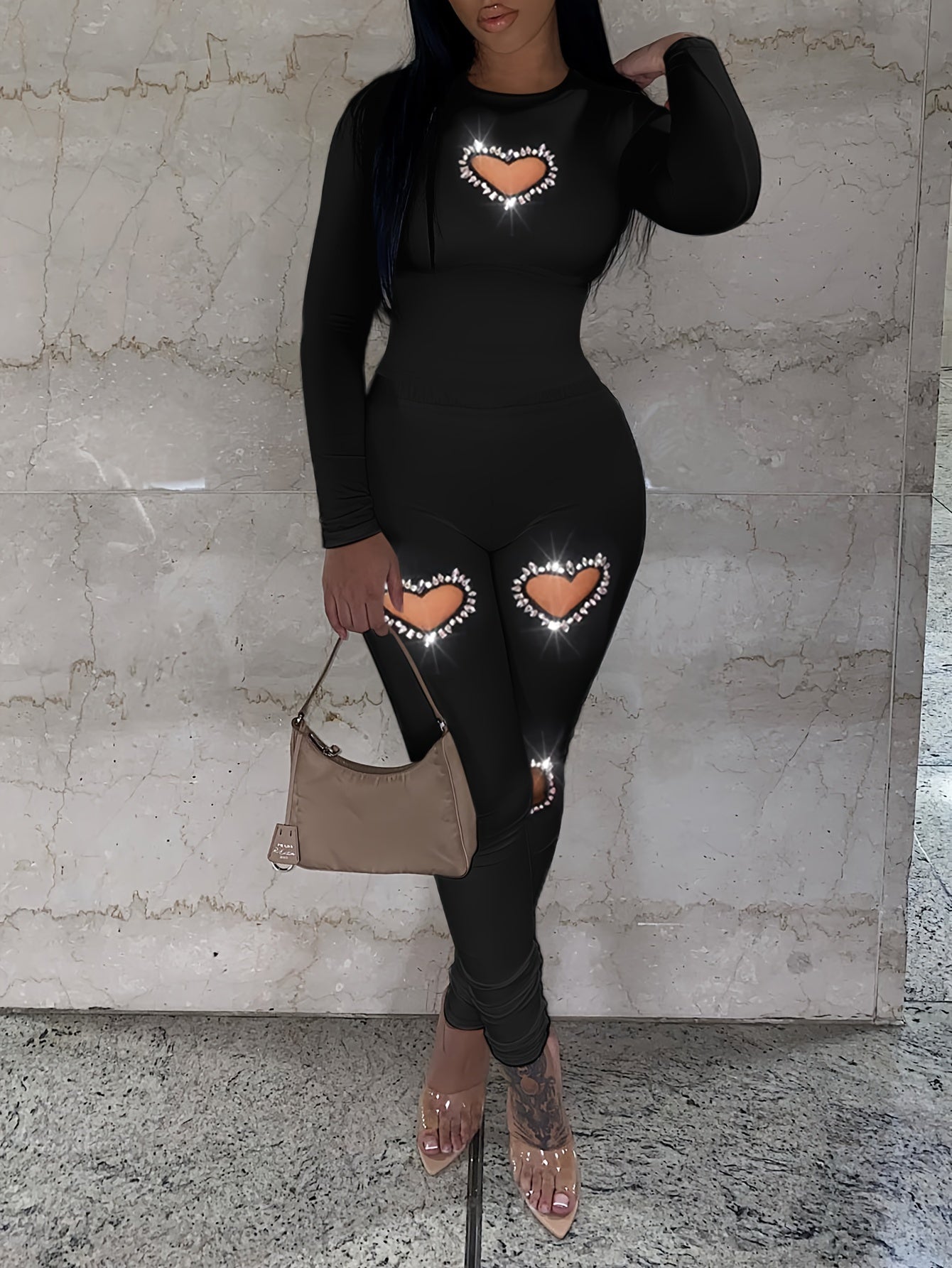Stretchy Polyester Blend Chic Rhinestone Heart Crop Top & High-Waist Pants Set - Long Sleeve, Perfect for Fall/Winter