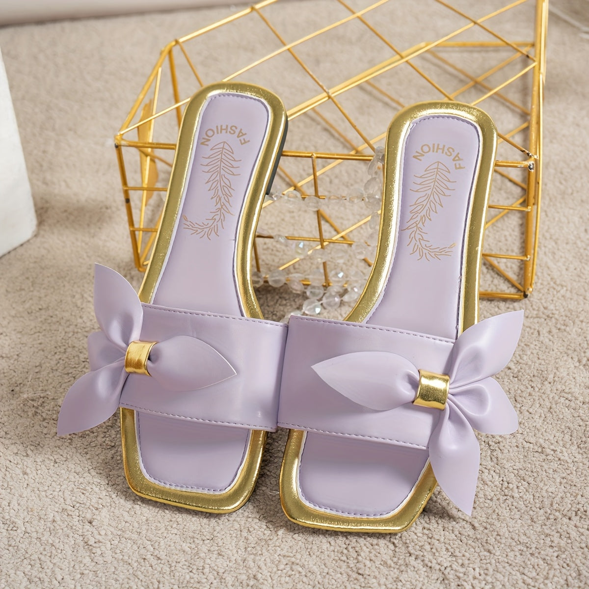 Women's Chic Square Toe Slide Sandals - Casual Summer Fashion, Flat Heel, Open Toe with Bow Detail, Faux Cover
