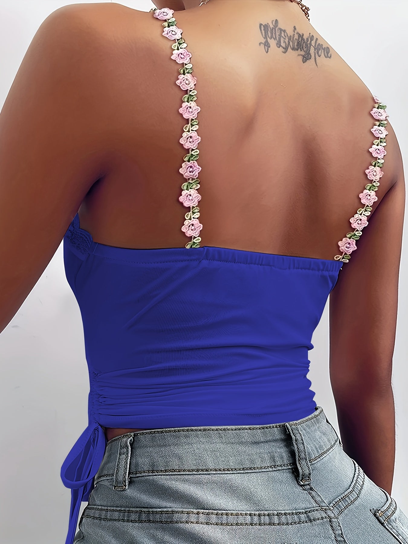 [Solid Color Sleeveless Vest Top] Women'S Floral Lace Trim Ruffle Hem Spaghetti Strap Tank Top, Polyester Knit Fabric, Solid Color Sleeveless Vest for Summer