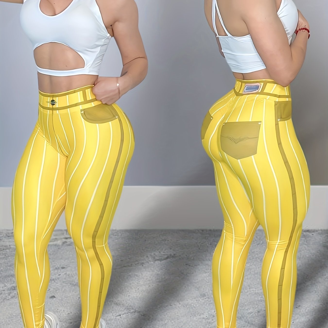 High-Waist Denim-Look Yoga Pants for Women - Sexy Fitness Leggings with Trendy Striped Design, Red & White Vertical Stripes, Stretchy Polyester Blend, Machine Washable, Perfect for Yoga, Running, and Gym Workouts, Athletic We