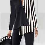 Stripe Print Button Front Asymmetric Blouse, Elegant Long Sleeve Top For Spring & Fall, Women's Clothing