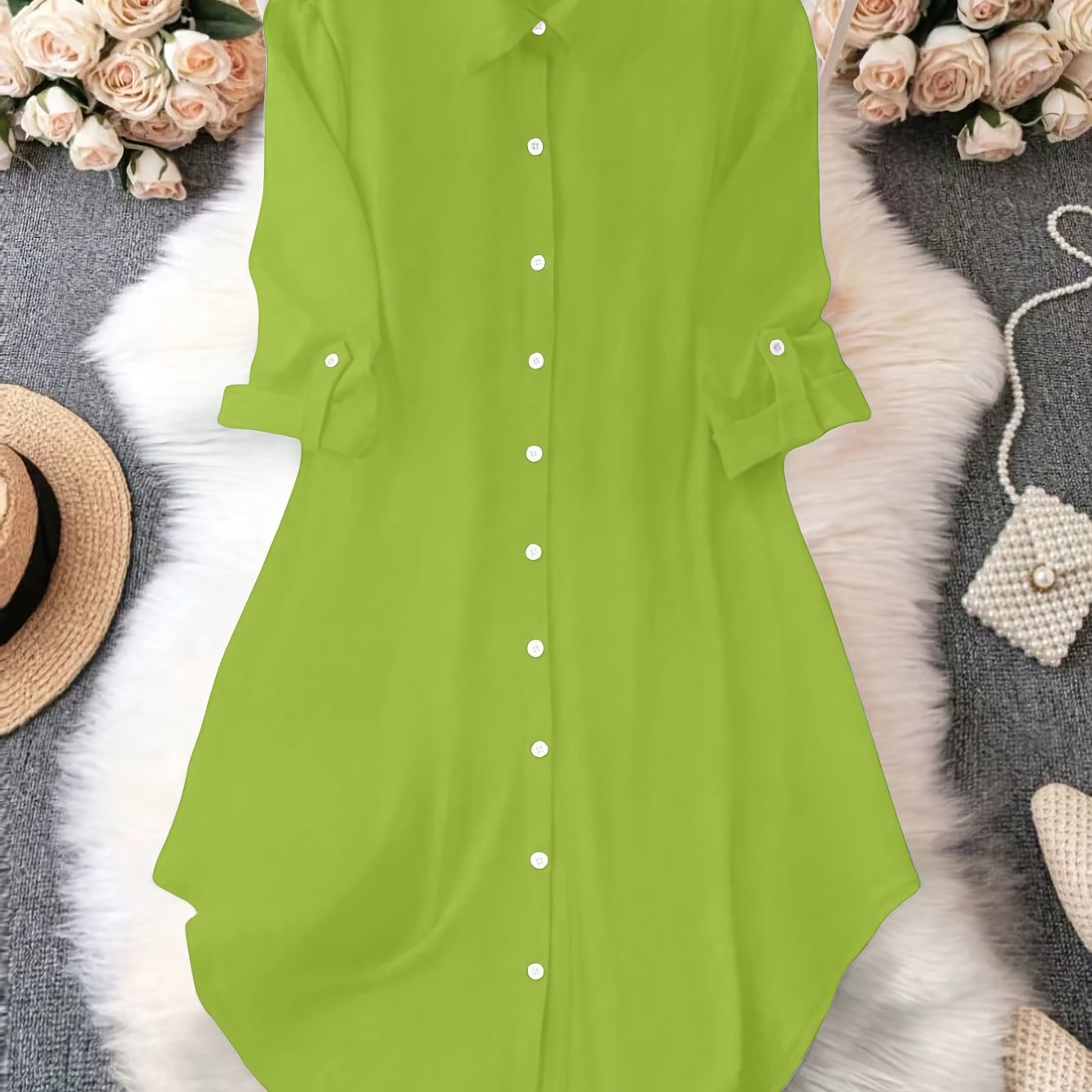 Women'S Light Blue Dress Shirt with Front Buttons and Sleeves - Casual Crew Neck, Long Sleeve, Solid Color, Polyester, Perfect for Spring and Fall, Ladies Dress