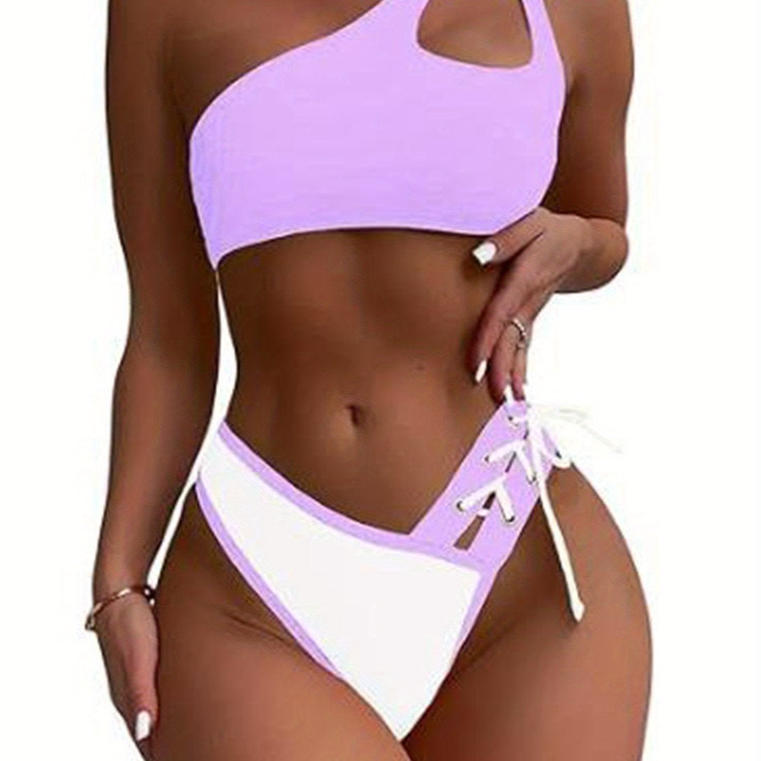 Women Tankini Swimsuits Cutout One Shoulder Bra and Contrast Color Tie up Briefs Sets for Summer Beachwear Bathing Suit