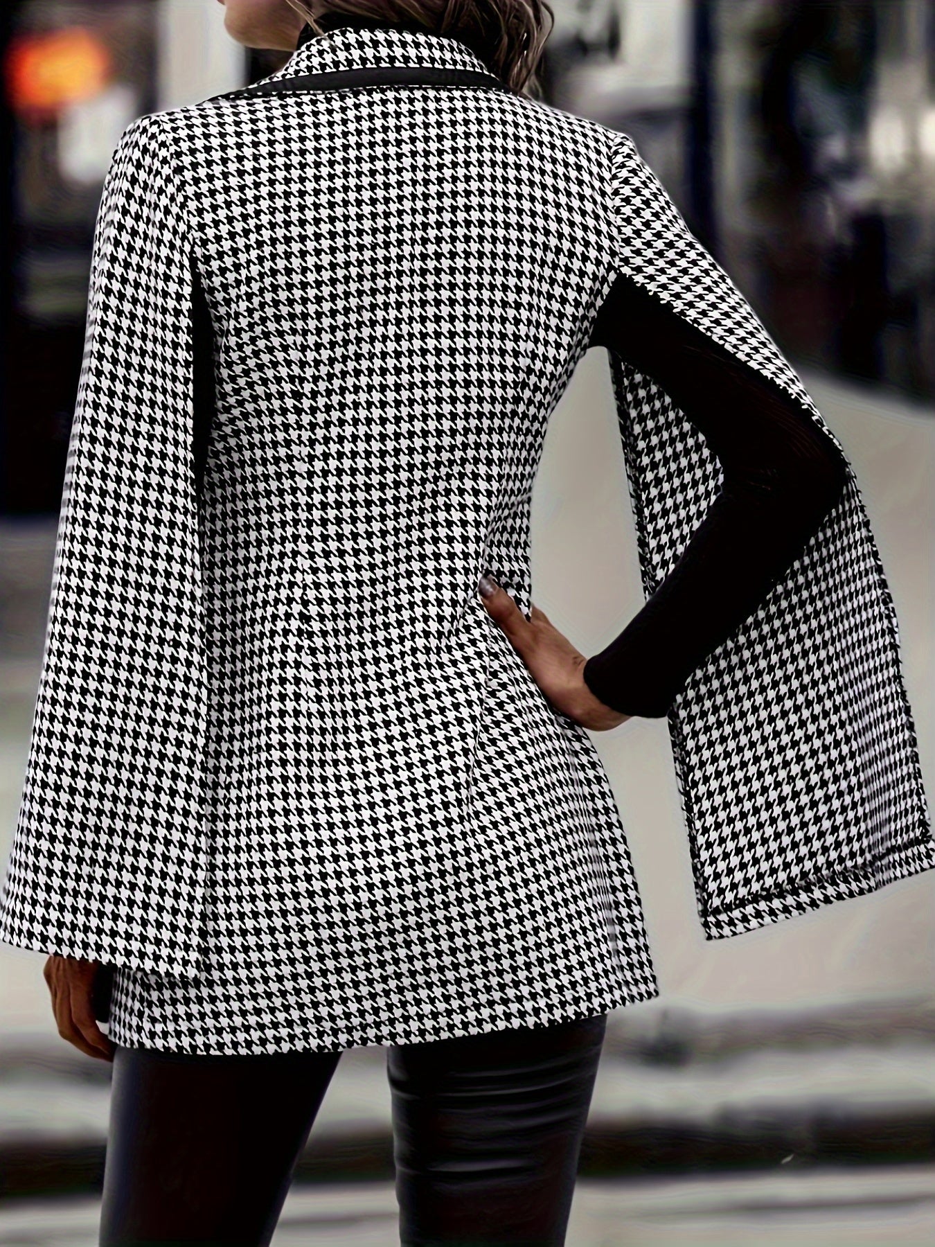 Houndstooth Print Double-breasted Blazer - Elegant Cape Sleeve Lapel Blazer - Polyester Blend - For Women - Suitable for Office & Work - Perfect Gift for Business Professionals
