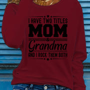 Women'S Long Sleeve Crew Neck T-Shirt with "Mom & Grandma" Letter Print, Casual Polyester Top for All Seasons, Knit Fabric with Medium Stretch, Regular Fit - Applique Detail