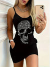 Elegant Women'S Off-Shoulder Slingback Dress with Rhinestone Skull and Kangaroo Pocket Detail, Black Sleeveless A-Line Summer Dress for Adults, Elegant Outfit|Sleek Fitted Dress|Sparkling Details, Strapless Design, Rhinestone