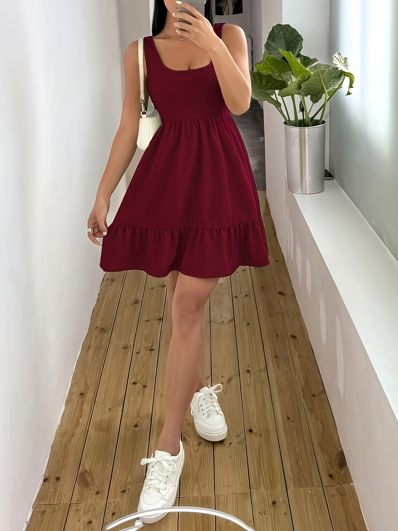 Women's Stylish Sleeveless Ruffle Hem Dress - Stretchy Polyester Blend, Off-Shoulder Design, Dark Blue, Perfect for Vacation or Casual Outings, Vacation Wear | Sleeveless Elegance | Smooth Texture