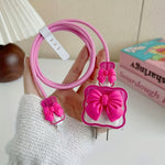 3D Rose Red Bowknot Compatible with iPhone 18/20W Charger Data Cable Protective Case, Anti-Break