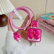 3D Rose Red Bowknot Compatible with iPhone 18/20W Charger Data Cable Protective Case, Anti-Break