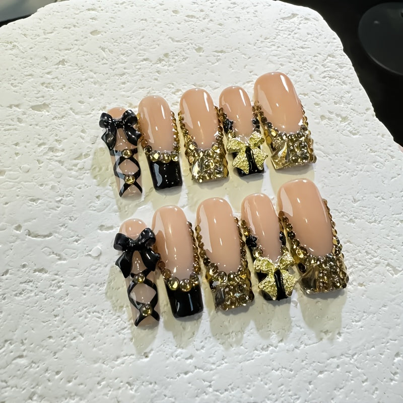 10pcs Glamorous Press-On Nails with Black, Golden Accents - Delicate Bows, Rhinestones & Intricate Patterns, Nude Base, Black Tips, Opulent Golden Details for Special Occasions, Elegant Nail Art, Sophisticated Manicure, Highe