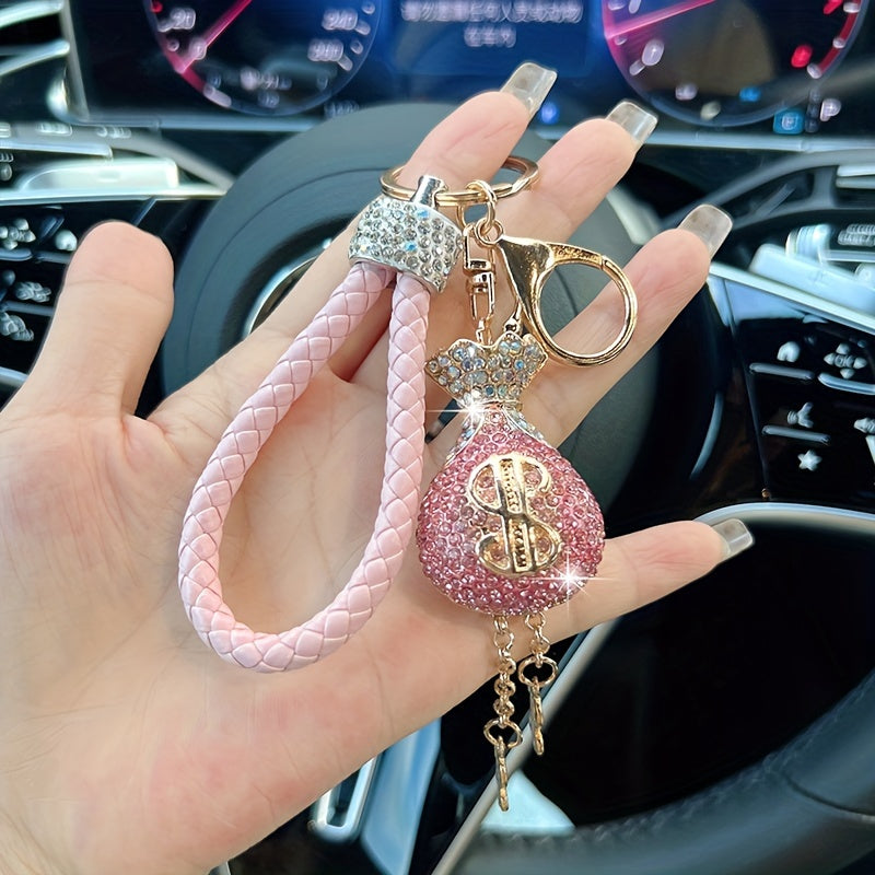 Elegant Alloy & Rhinestone-Encrusted Dollar Sign Keychain with Braided Rope - Sparkling Charm for Car Keys, Bags & Wallets - Ideal Birthday Gift