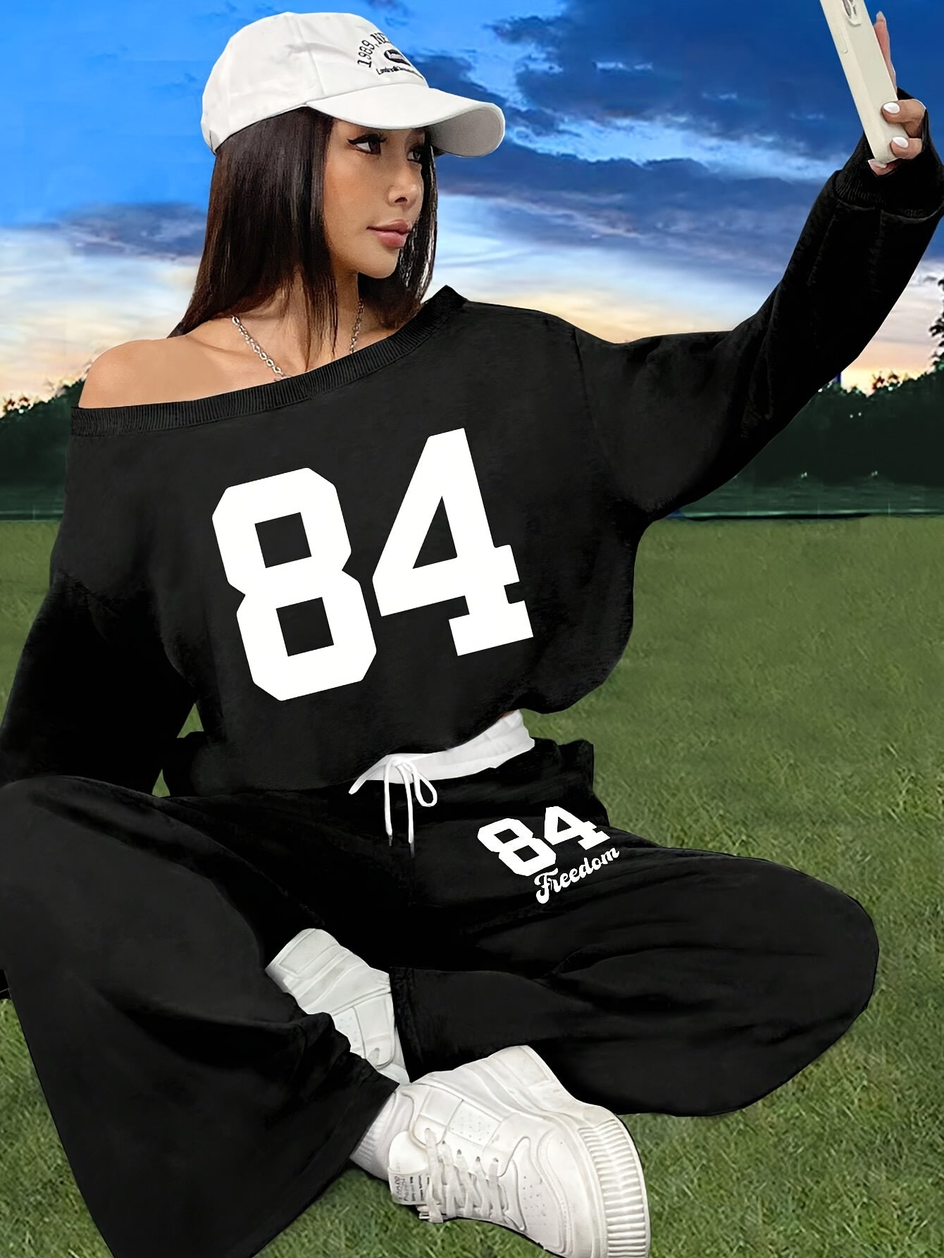 2pcs Women'S Casual Asymmetric Neck Digital Print Sweatshirt And Sweatpants Set, Spring/Autumn