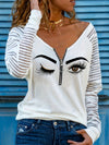 Ladies' V-neck Zipper Decorative Printed Fashion Casual T-shirt Top