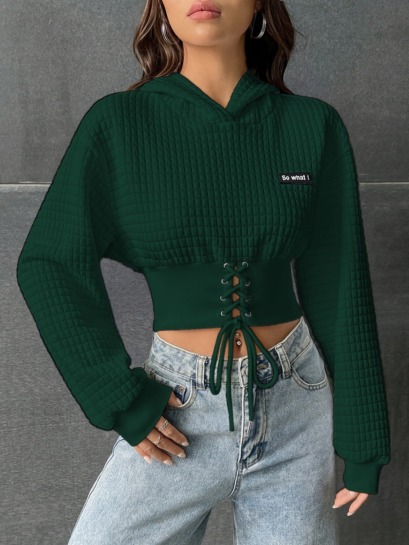 Lace Up Crop Drop Shoulder Hoodie, YOUNG Long Sleeve Hoodies Sweatshirt, Women's Clothing