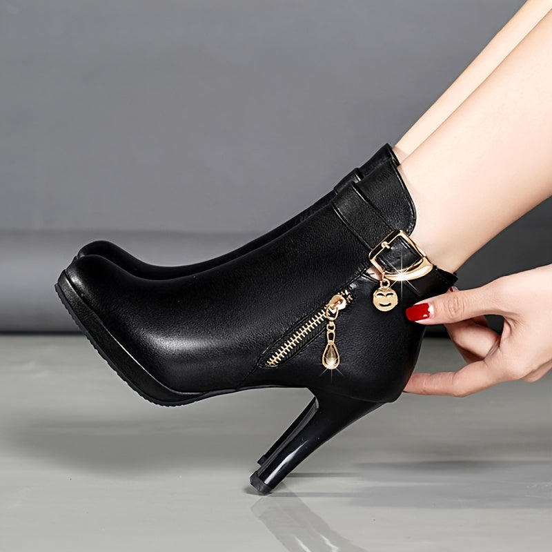 Women's Black Faux Cover Ankle Boots with Golden Zipper & Chunky Heel - Stylish Round Toe Platform Booties for Casual Attire