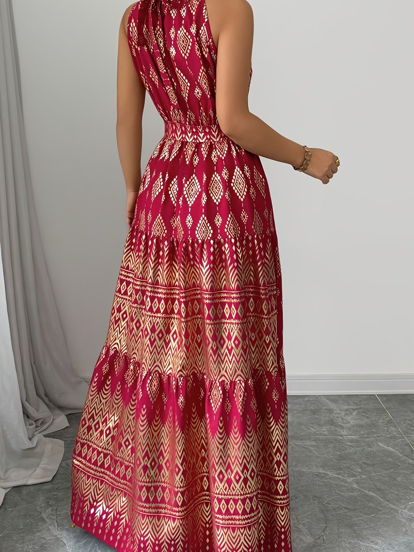 Women's Red Geometric Print Halter Neck Sleeveless A-Line Maxi Dress - Tie Waist, Vacation Style, Lightweight Polyester for Spring/Summer