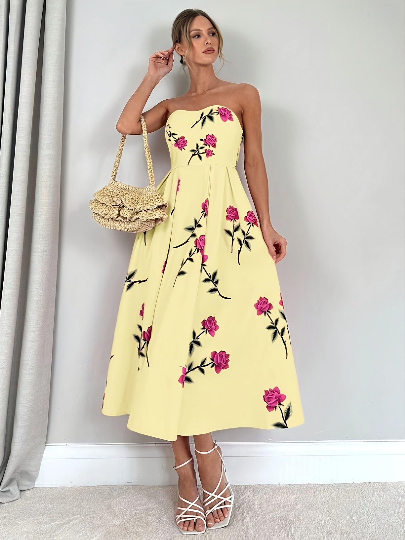 Women's Elegant Off-Shoulder A-Line Floral Print Rose Print Dress - Knee-Length with Ruffled Hem & Waist Tie, Machine Washable for Weddings, Parties, Graduations, Prom - Pink Floral Print Formal Evening Dress, Event Attire |