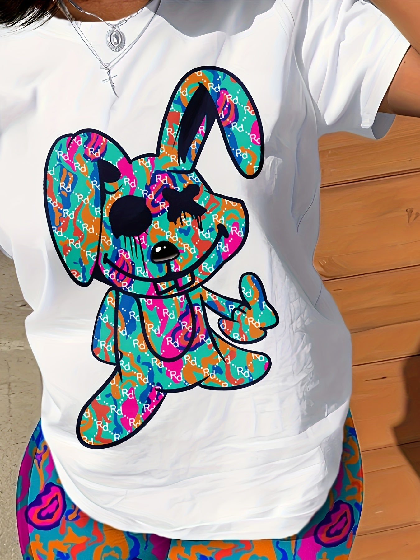 Rabbit Print Casual Shorts Set, Crew Neck Short Sleeve Top & Shorts Outfits For Spring & Summer, Women's Clothing