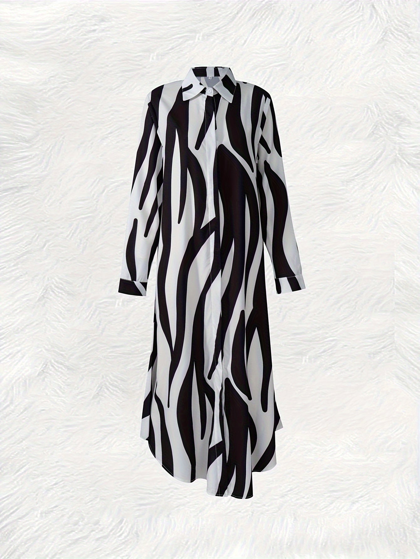 Zebra Print Lapel Collar Long Sleeve Dress, Polyester Vacation Style Button Up Shirting for Adult Women, Spring/Fall Season, 110g/㎡ Woven Fabric