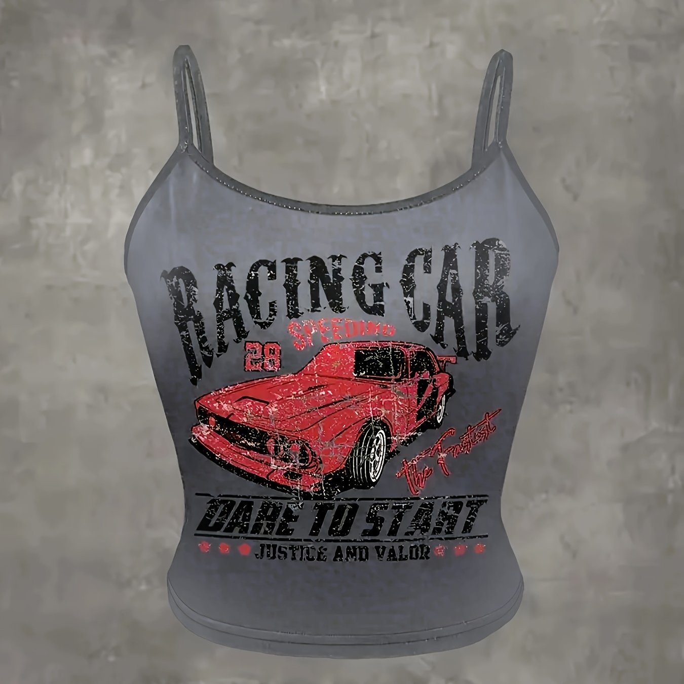 Y2K Style Racing Car Print Crop Top, Sleeveless Spaghetti Strap Tank Top for Women, Summer Letter & Symbol Design, Fashionable & Trendy, No Underwire, Y2K Fashion