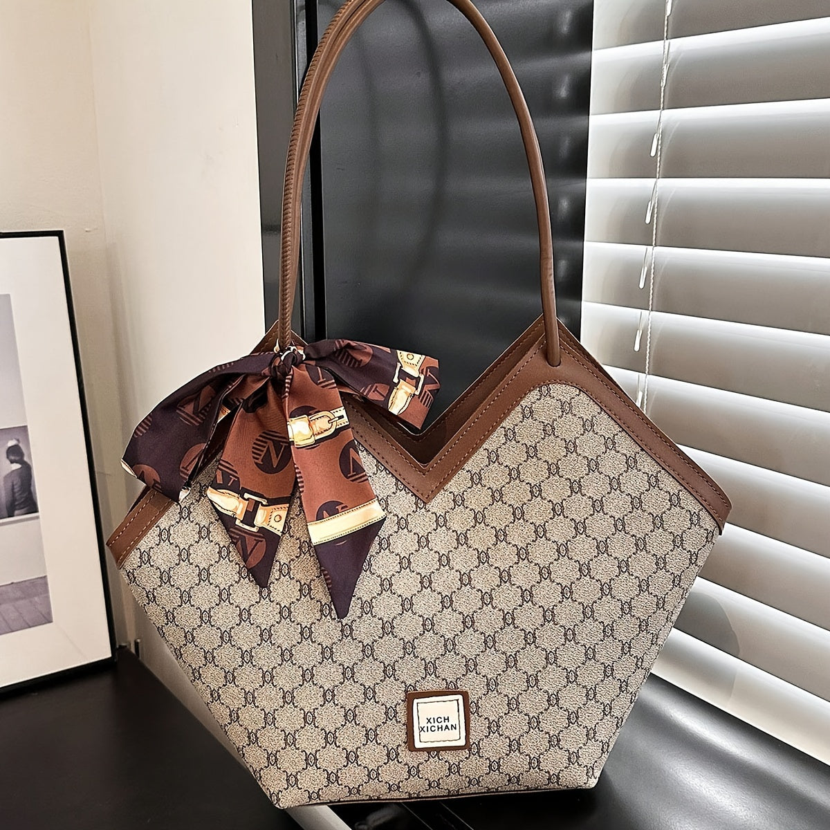 Timeless Chic - Niche Shoulder Bag with Fashion-Forward Scarf Accent - Versatile Classic Pattern Design for Womens Everyday Style