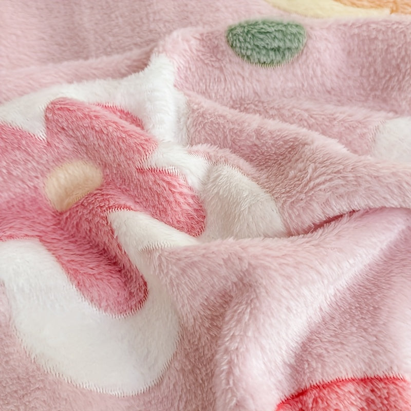 1pc Cozy Floral Flannel Throw Blanket - Soft, Light Beige-Friendly, Machine Washable, All-Season Comfort with Cute Pink Strawberry & Flower Design, Perfect for Bedroom or Nursery Decor