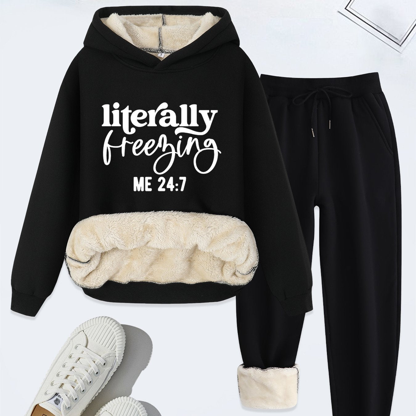 Cozy Plush Letter Print Hoodie & Pants Set for Women - Casual Knitwear, Machine Washable, Perfect for Fall/Winter