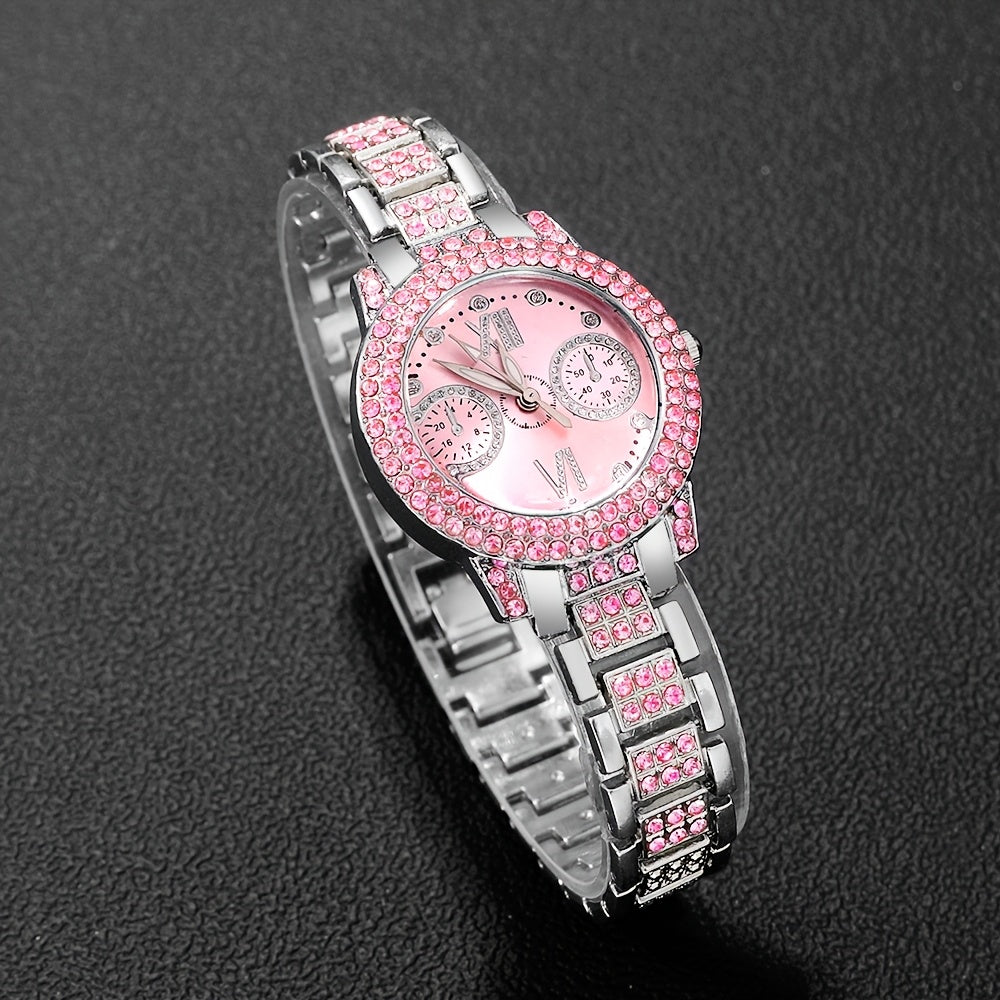 A Fashionable Holiday-style Pointer-type Ladies' Quartz Watch Set Of 4 Pieces, Exquisite And Shiny Ladies' Watch Set, 1 Watch + 3 Jewelry Set, Selected Ladies' Watch Set