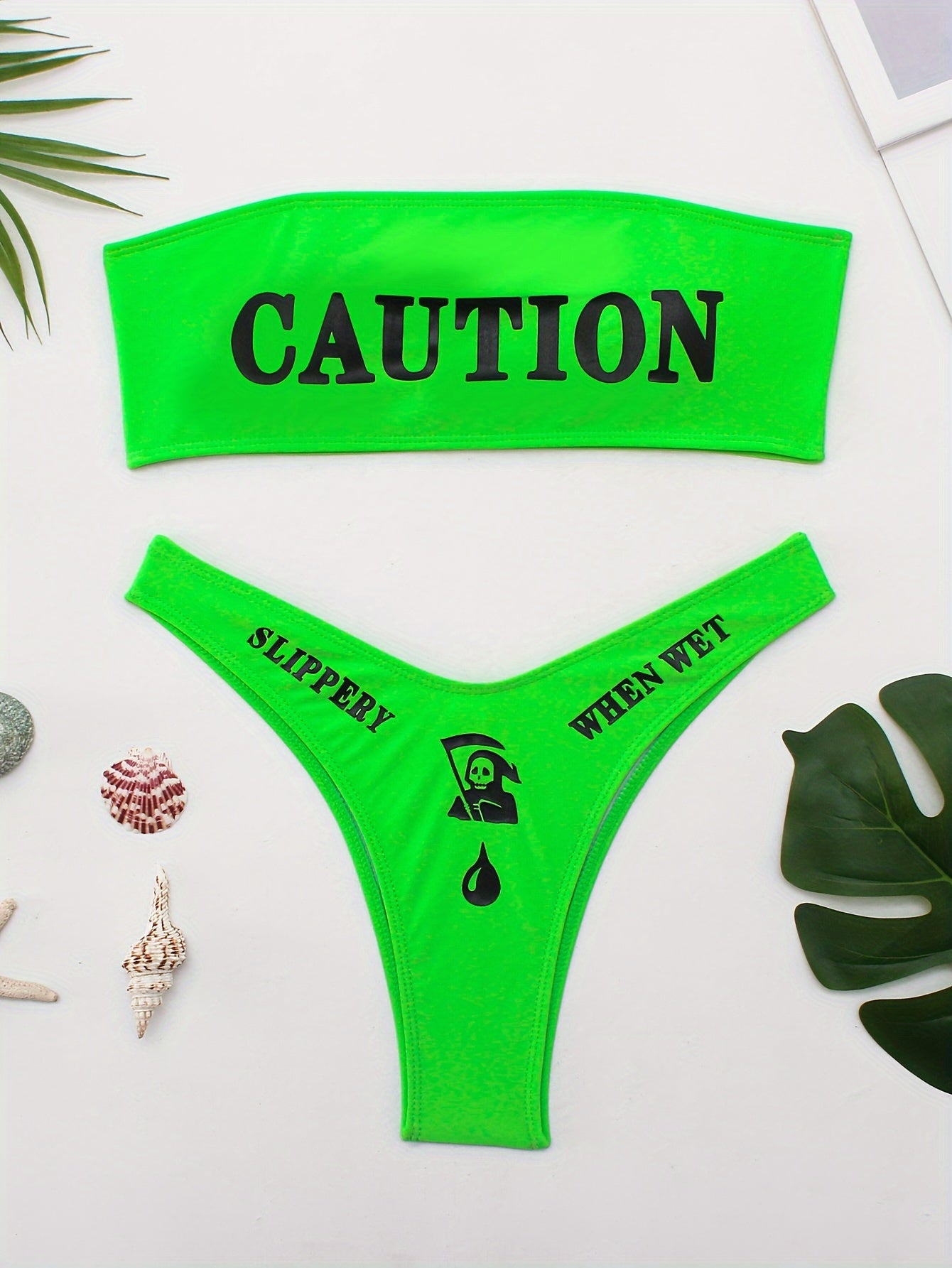 2 Piece Bandeau Letter Print Bikini Set - Stretchy High Cut Swimsuits with Applique Details, Polyester Material, and Machine Washable - Customized Alphabet Print Swimwear for Women