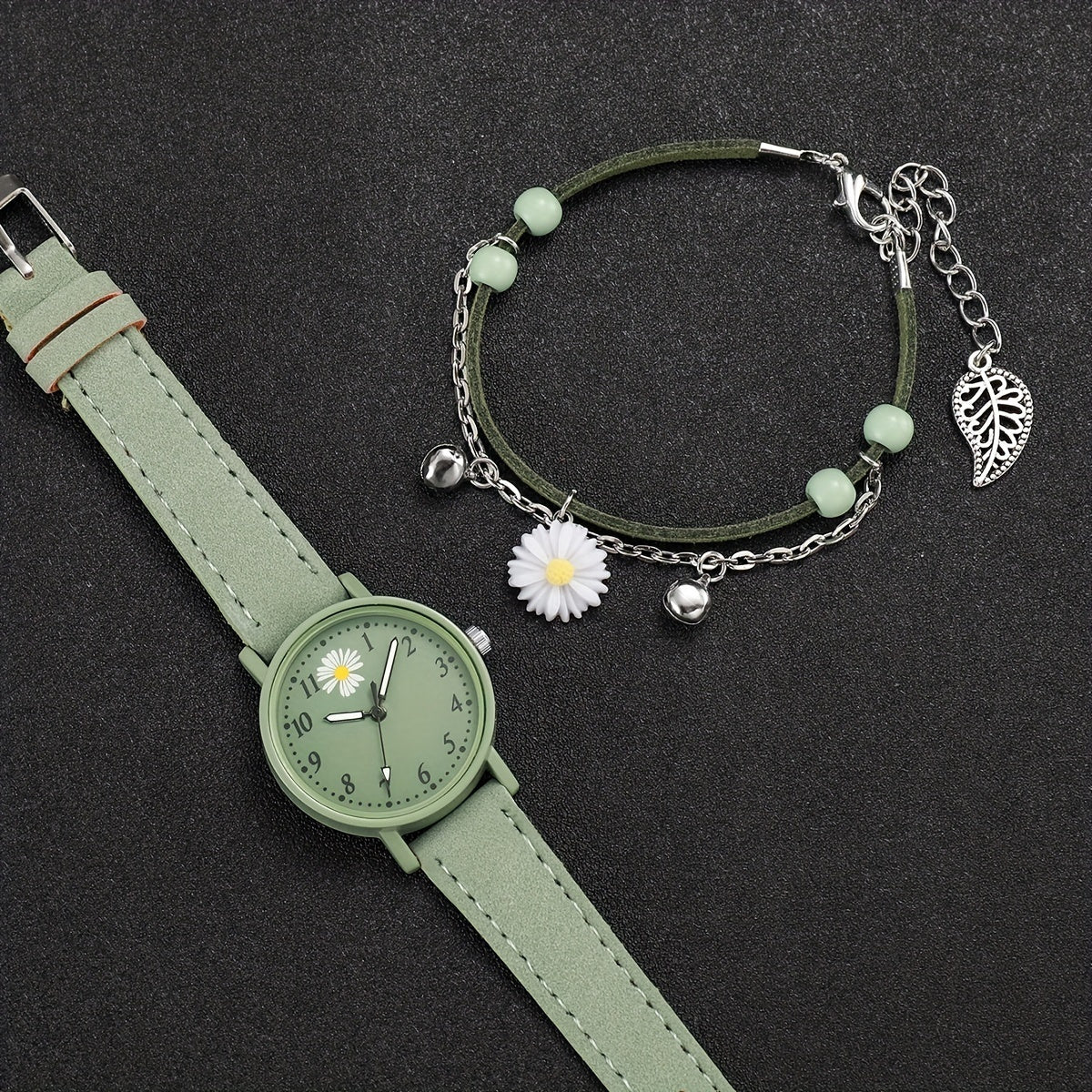 Women's Fashion Fresh Green Digital Flower Dial Quartz Watch + Bracelet 2pcs/set Without Watch Box