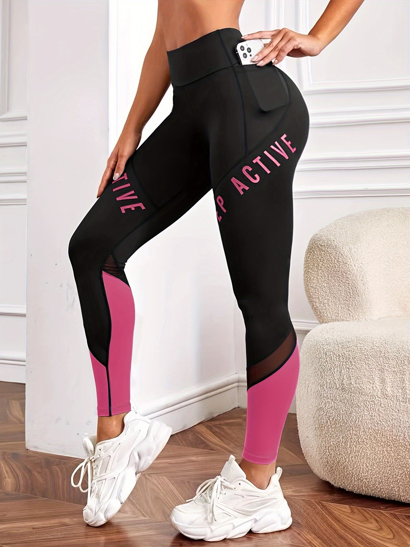Casual Women'S Color-Blocked Mesh Patchwork Letter Print Pocket Comfortable Elastic Waist Versatile Tight Yoga Leggings.