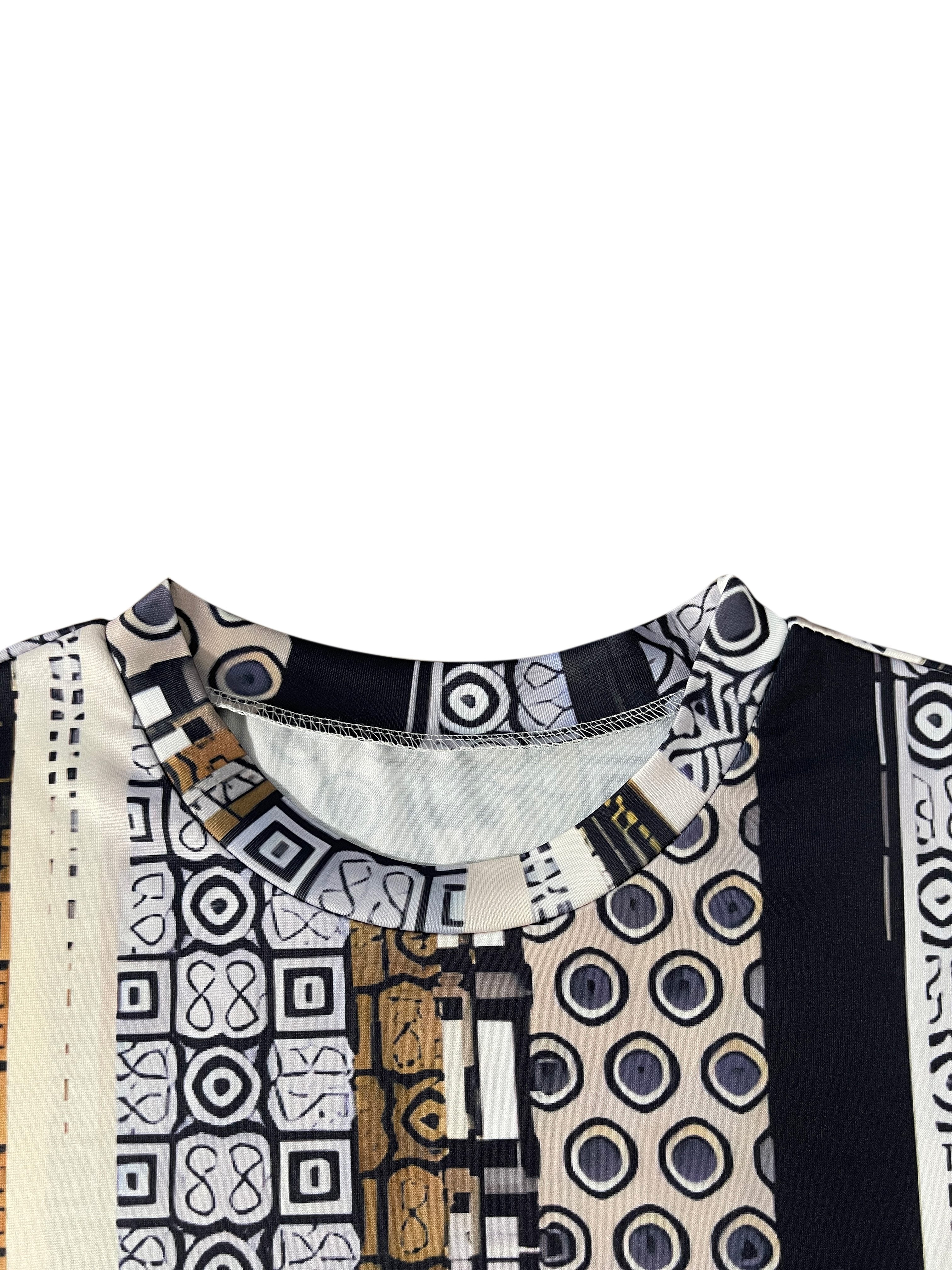 Women's Elegant Long Sleeve Top with Geometric and Striped Print - Round Neck, Asymmetrical Hem, Lightweight Polyester Blend for Spring, Fall, and Winter