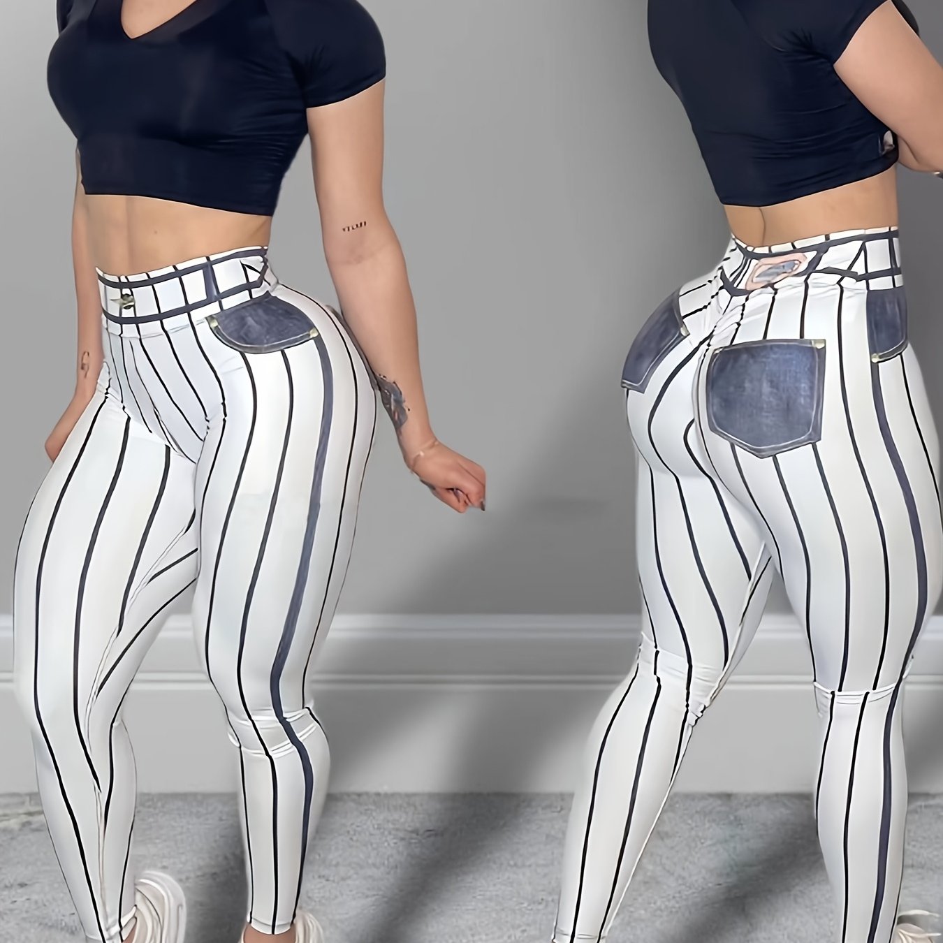 High-Waist Denim-Look Yoga Pants for Women - Sexy Fitness Leggings with Trendy Striped Design, Red & White Vertical Stripes, Stretchy Polyester Blend, Machine Washable, Perfect for Yoga, Running, and Gym Workouts, Athletic We