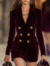 Elegant Burgundy Velvet Blazer for Women - Double-Breasted Jacket with Golden Accents, Long Sleeve, Machine Washable, Perfect for Office or Evening Wear