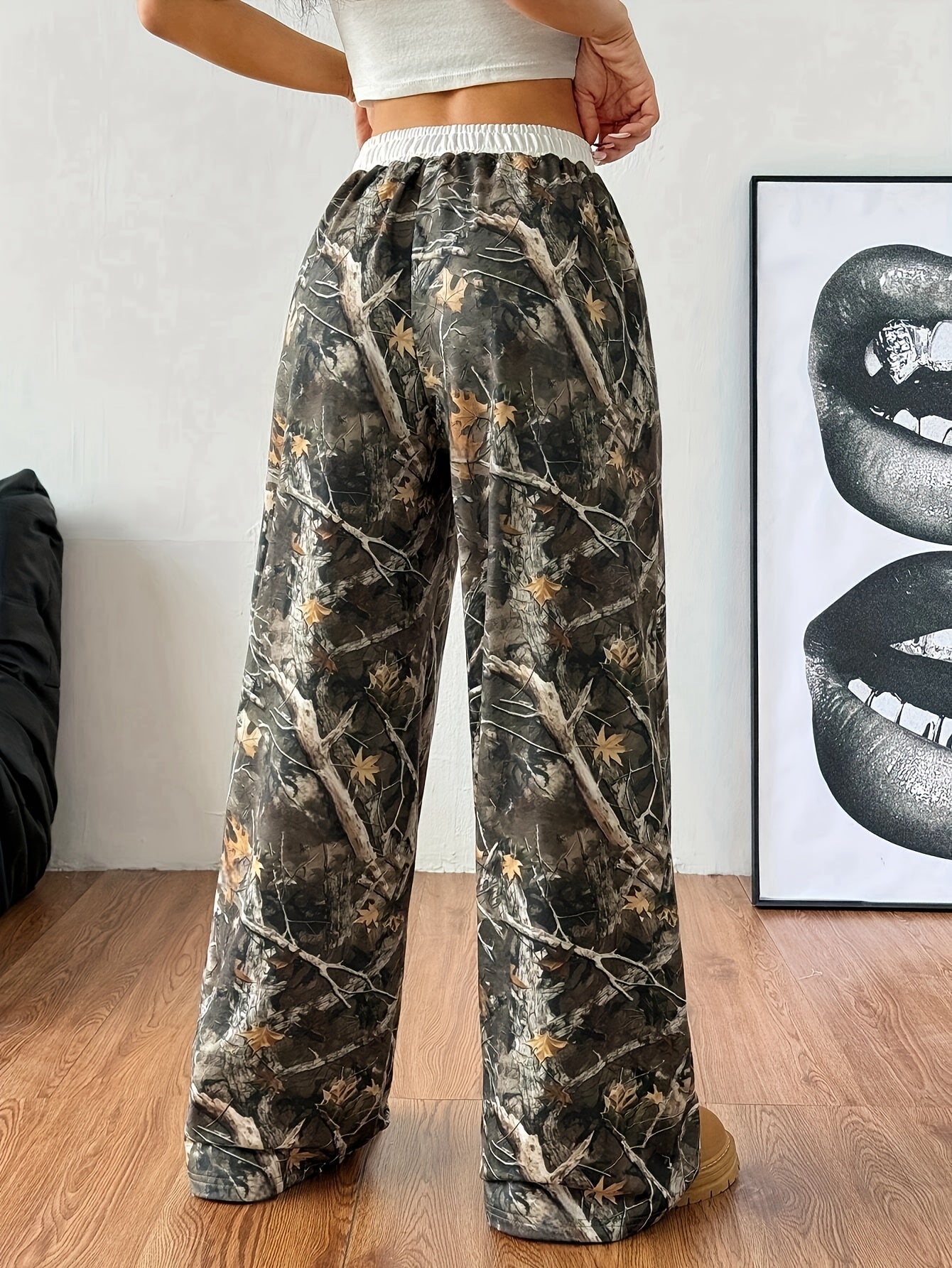 Women's Autumn and Winter Back-to-School Basic Knitted Camouflage Elastic Comfortable Military Green Wide-Leg Sports Pants